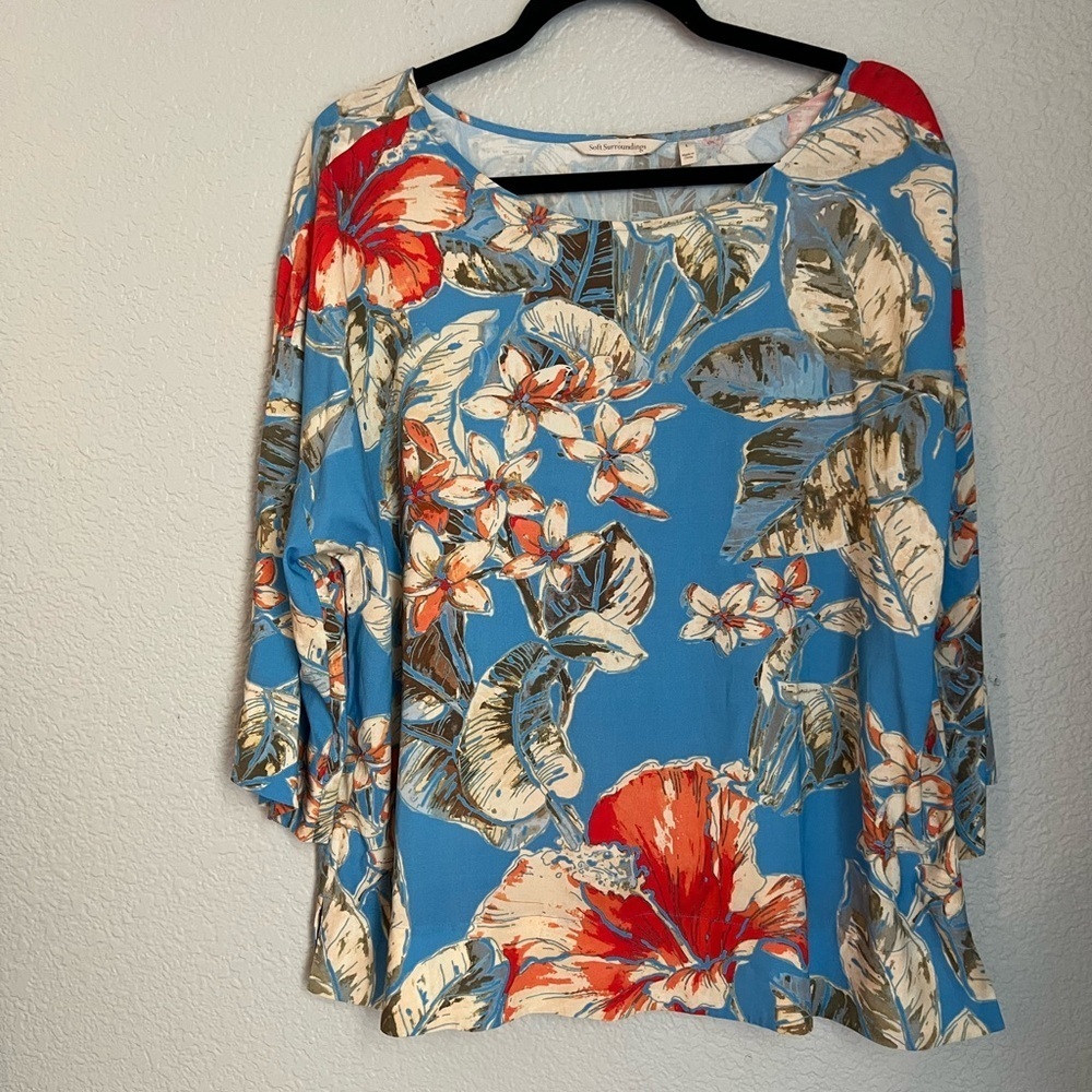 Soft Surroundings Aldea Tropical Blouse Top Blue Large